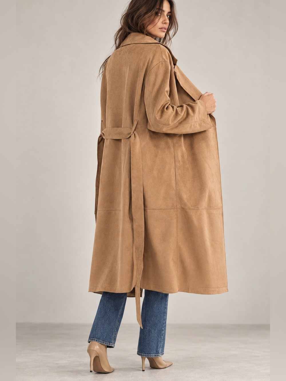 #302 New! Belted Vegan Suede Long Coat - Picture 2 of 2